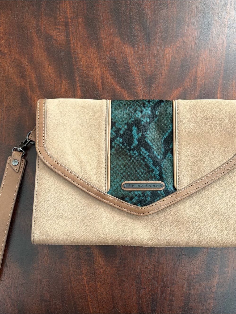 Trina Turk Beige Clutch with Teal Snake-Print Accent
